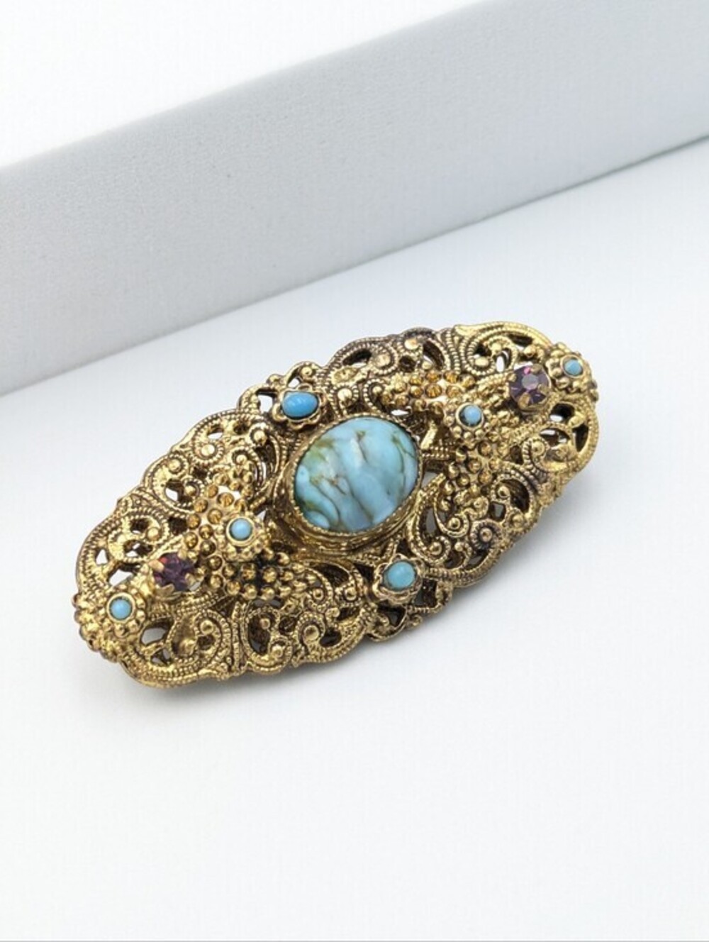 Vintage - Antique Art Deco Blue Hubbell Glass Filigree Brooch Pin  READ